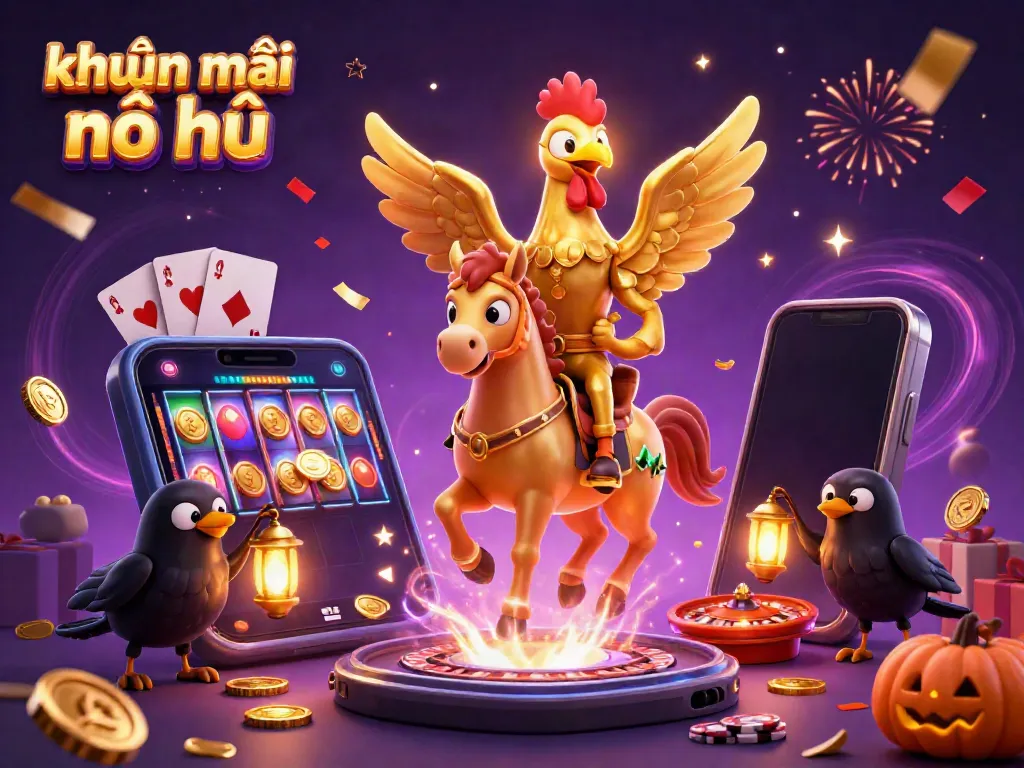Experience the excitement of khuyến mãi nổ hũ with engaging casino characters amidst a vibrant scene filled with slots and celebrations.