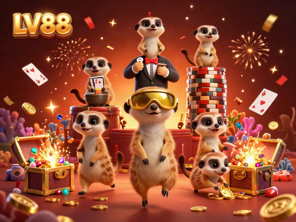 Experience the dynamic energy of LV88's casino scene with meerkats managing games and treasure amid confetti and vibrant decorations.