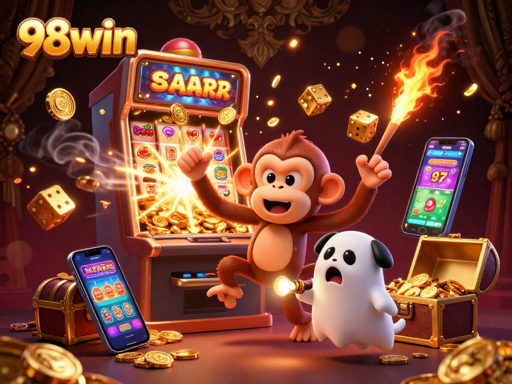 Experience 98win's vibrant casino world, where a mischievous monkey juggles gold amidst excitement.