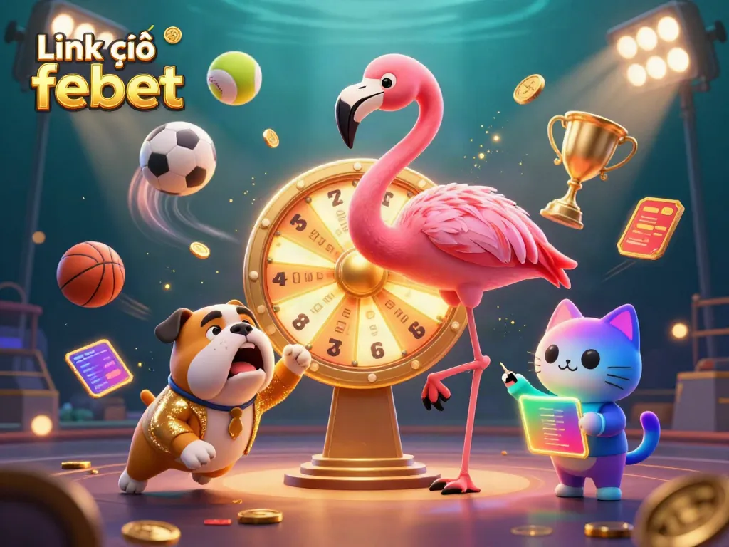 Spin for big wins with Link vào febet in this vibrant 3D casino snapshot featuring game characters and sports elements.