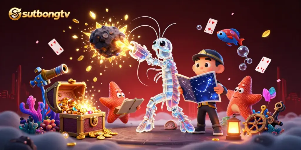 Sutbongtv presents a vibrant 3D scene where a galactic samurai mantis shrimp dynamically interacts with asteroids, gold coins, and colorful gems.