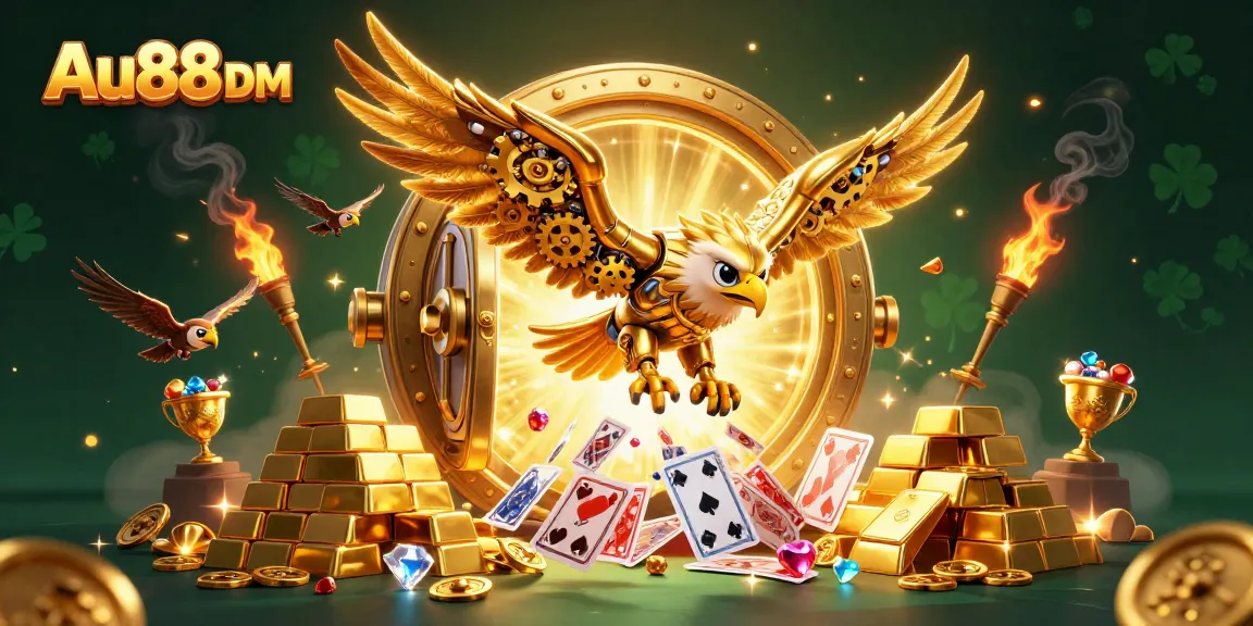 Experience gambling thrills with Au88 DM featuring a cybernetic golden eagle amidst treasures.