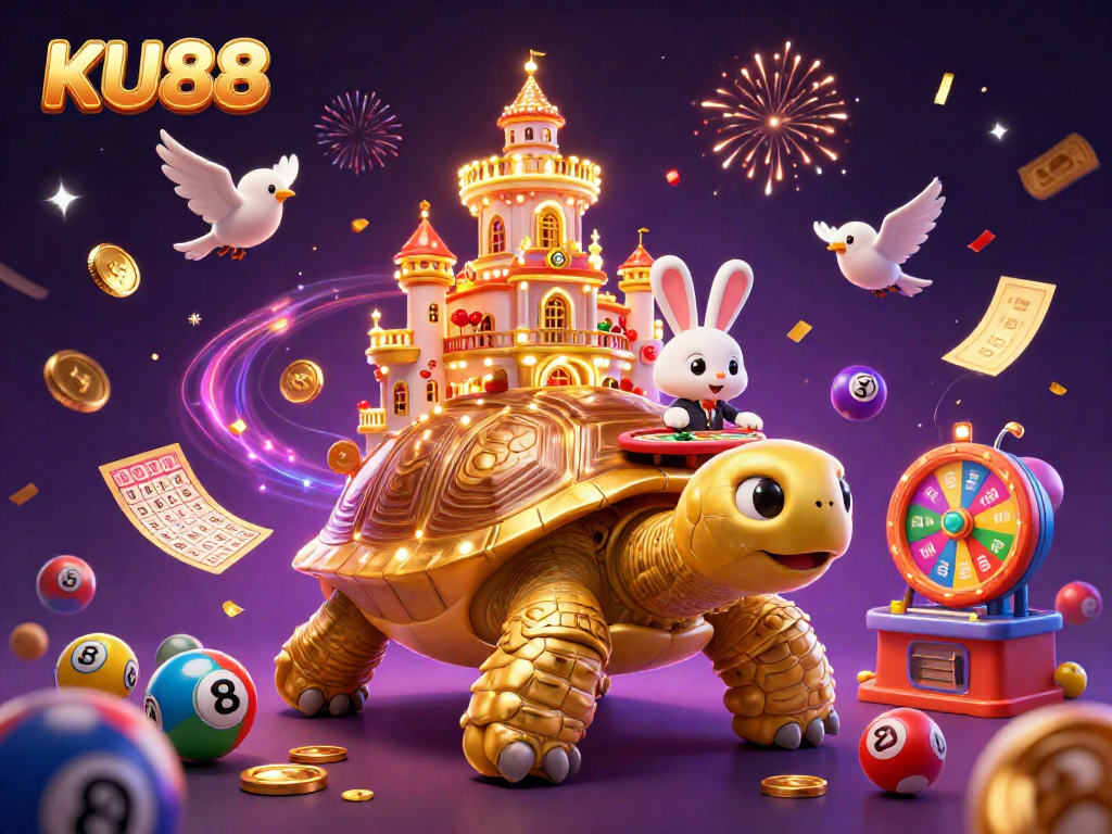 Experience the thrilling atmosphere of KU88 with a vibrant casino scene featuring a golden tortoise and dynamic game elements.