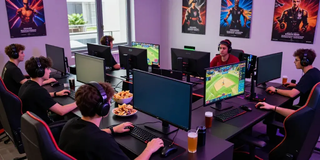 Group of friends enjoying online gaming with Dewacash Asia in a vibrant digital setting.