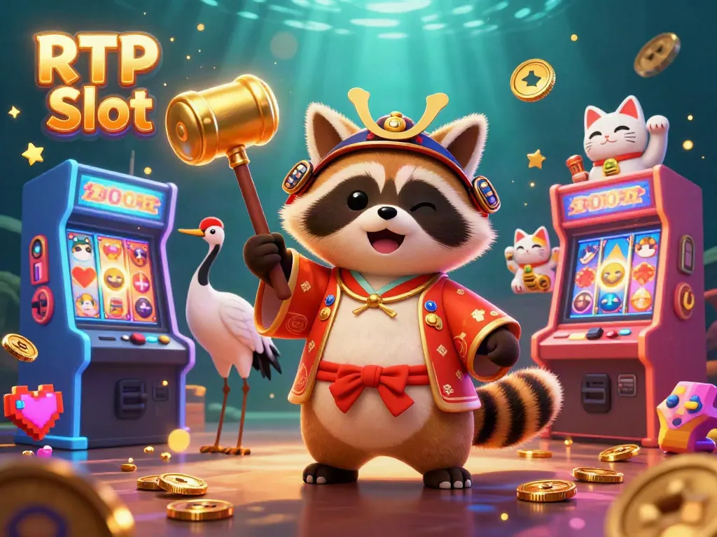 Experience the excitement of RTP Slot with a cheerful tanuki, crane, and fortune cats in an engaging casino arcade scene.