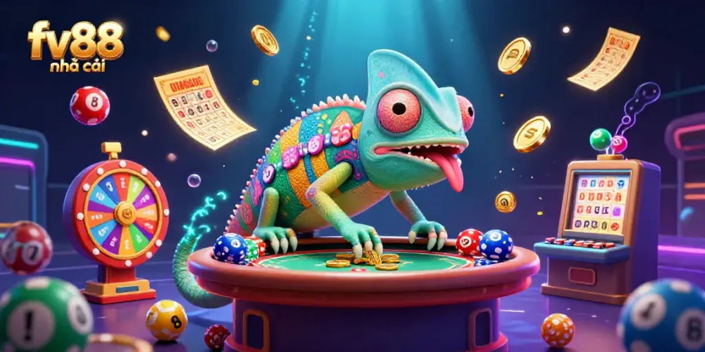 Engage with fv88 nhà cái in a vibrant casino scene featuring a chameleon owner and dynamic game elements.