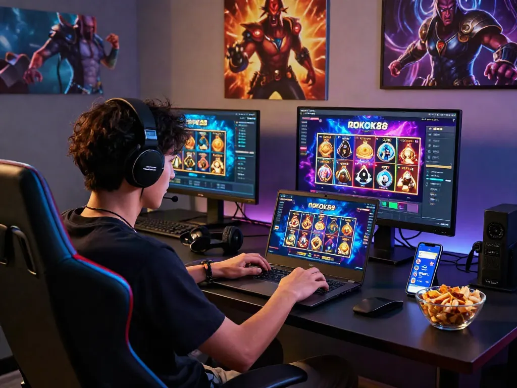 Engaging gameplay with ROKOK88 slot games on a laptop, amidst a vibrant gaming setup.