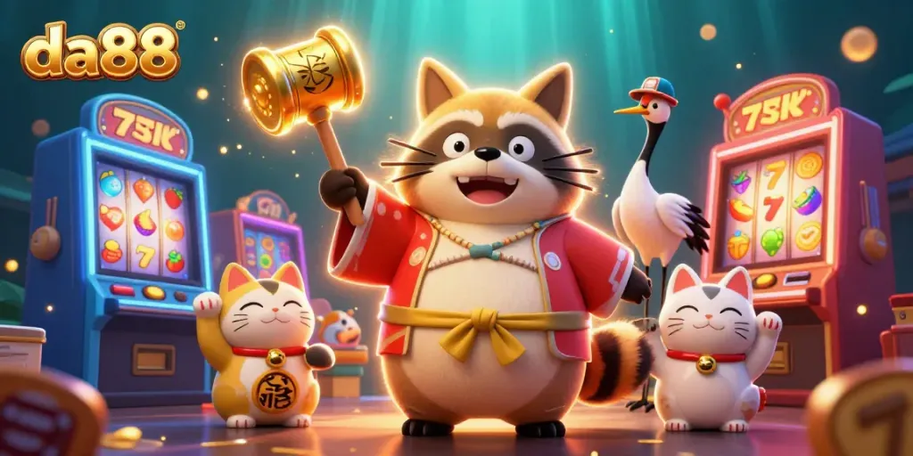 Experience the thrill of da88 with a cheerful tanuki and gaming elements in colorful 3D casino scene.