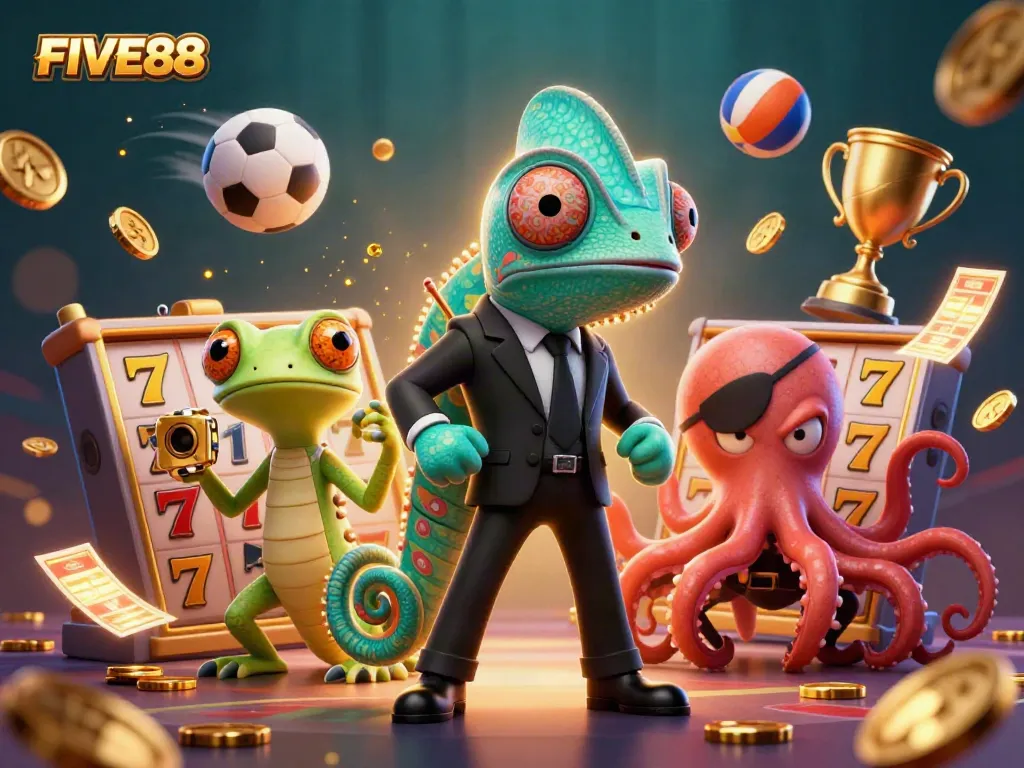 Engage with FIVE88 in a thrilling 3D casino scene featuring a secret agent chameleon, tech-savvy gecko, and a villainous octopus amidst dynamic gaming elements.