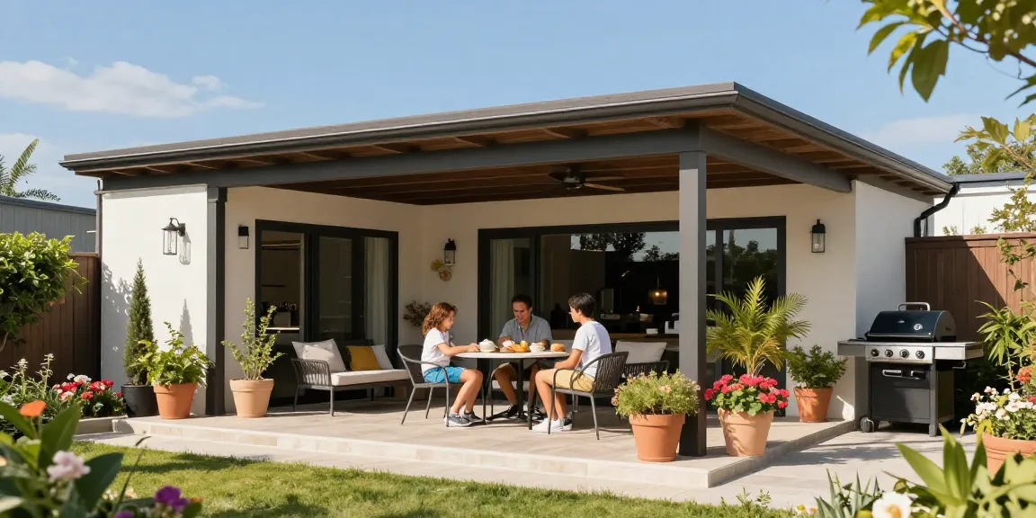 Terrassenüberdachung freistehend im Garten mit Familie, stilvolles Outdoor-Mobiliar und blühende Pflanzen.