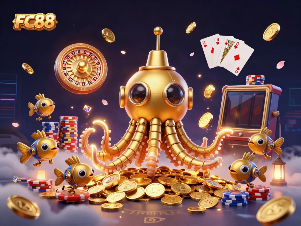 Experience the excitement of FC88's dynamic gaming scene, featuring a gold submarine and casino elements.