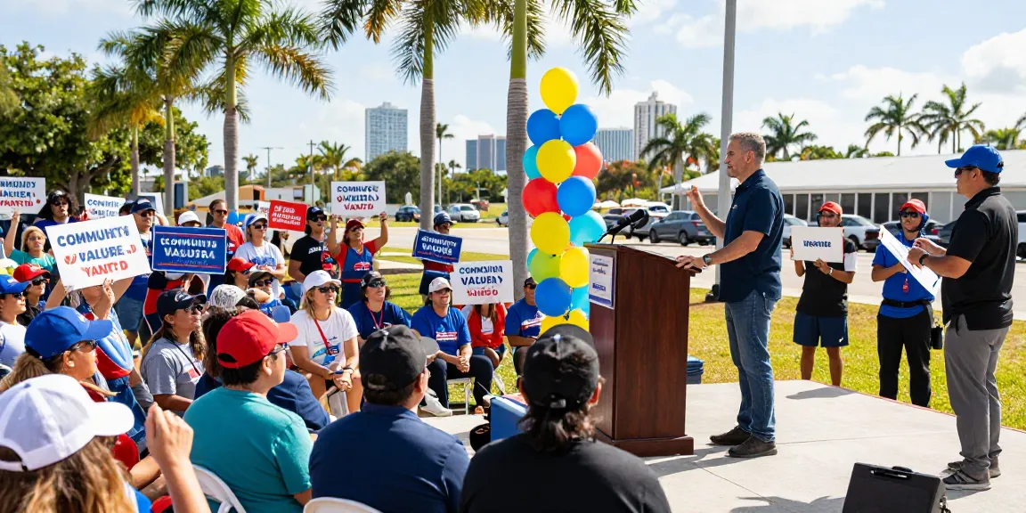 Casey Askar speaking at a campaign rally in Florida, engaging with a diverse crowd.