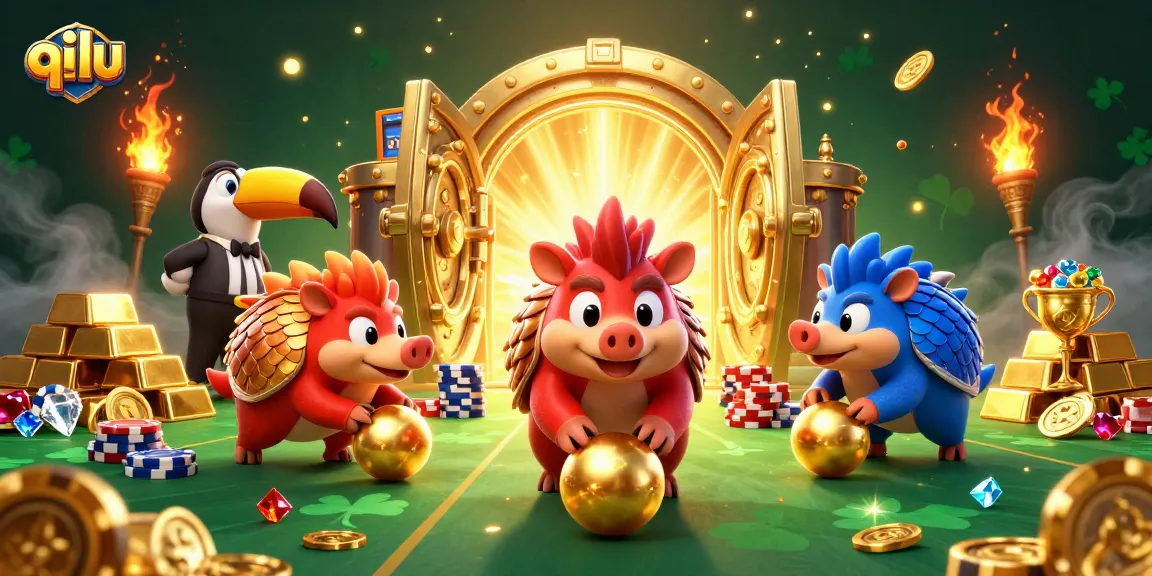 Experience the excitement of qilu as rival pangolins bowl through golden poker chips in a vibrant casino scene.