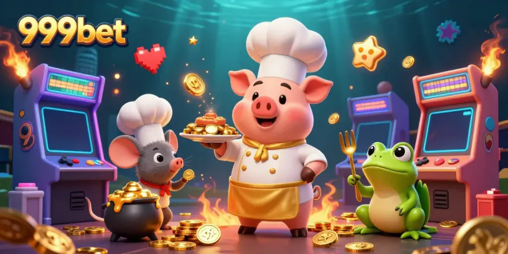 Win big with 999bet as a chef pig serves gold coins amid colorful game machines.