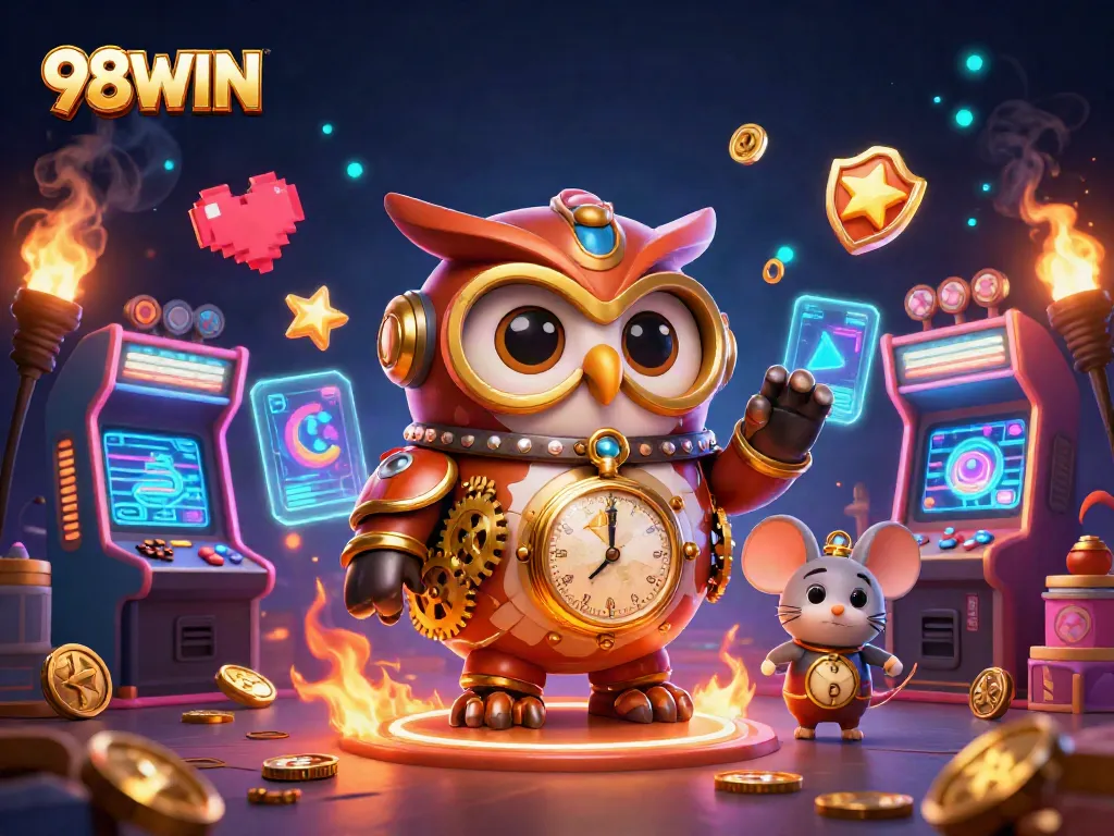 Engage with 98WIN's thrilling casino experience featuring a steampunk owl amidst vibrant games and glowing elements.