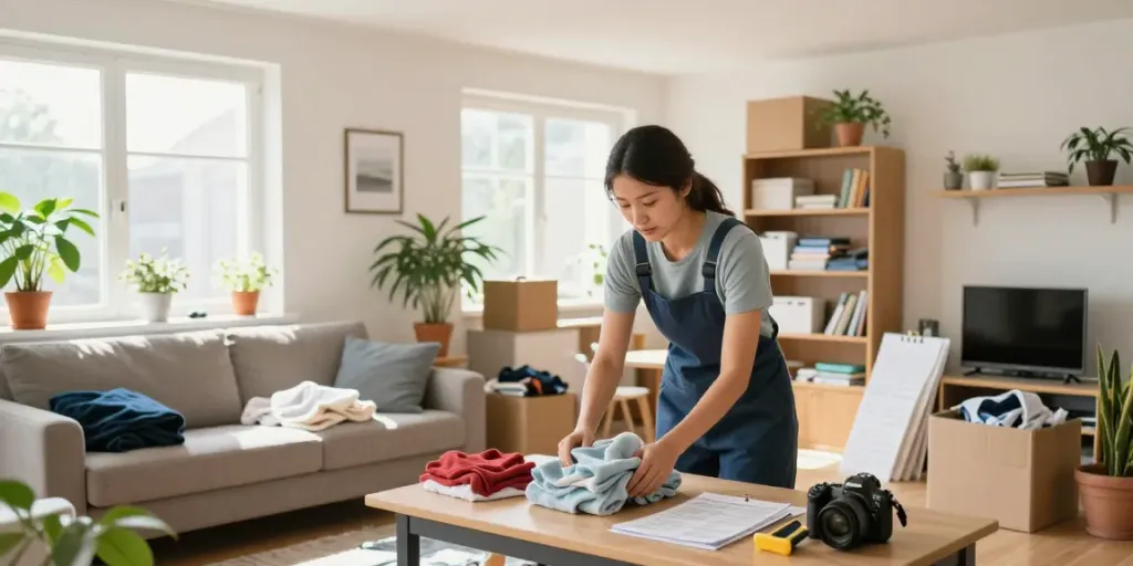 Wohnungsentrümpelung Berlin: Professioneller Service bei der Entrümpelung eines Wohnzimmers mit klaren Strukturen und Licht.