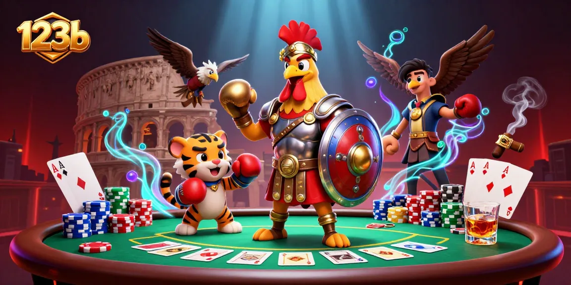 Engage in poker excitement with 123b featuring cartoon gladiator rooster, poker chips, and vibrant elements.