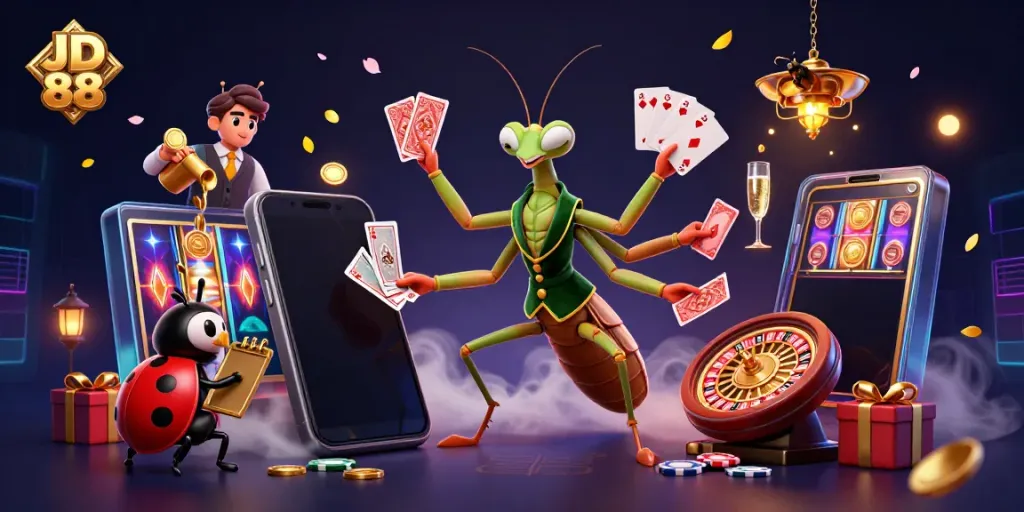 Experience the excitement of JD 88 online casino with a dynamic 3D illustration featuring a giant mantis card sharp and ladybug pit boss.