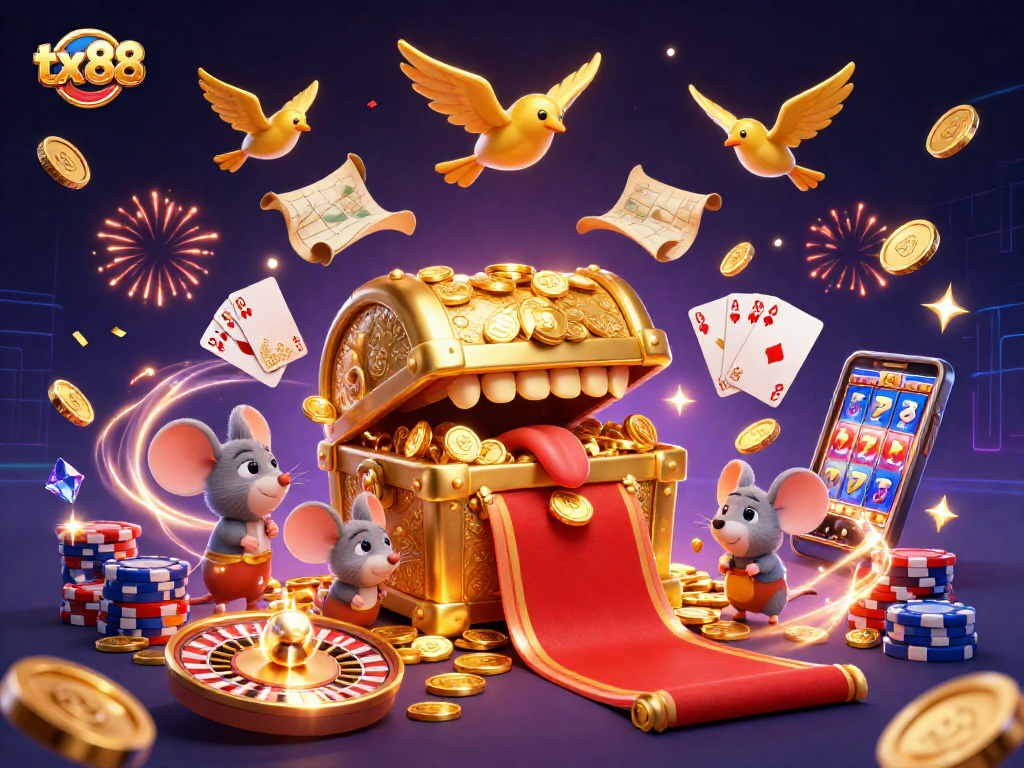 tx88 showcases rich casino elements with a treasure chest and dazzling gold coins.
