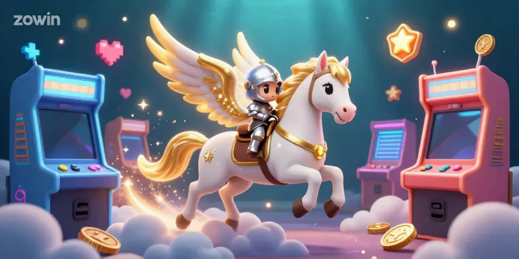 Experience the excitement of zowin with a fantastical horse and knight in a vibrant casino-themed scene.