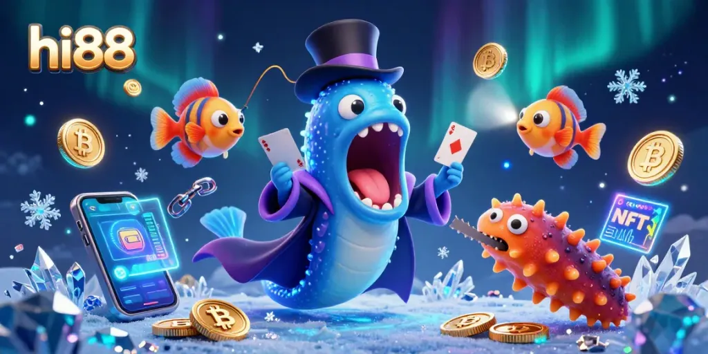 Experience hi88's card tricks in a magical underwater casino with dazzling crypto elements.