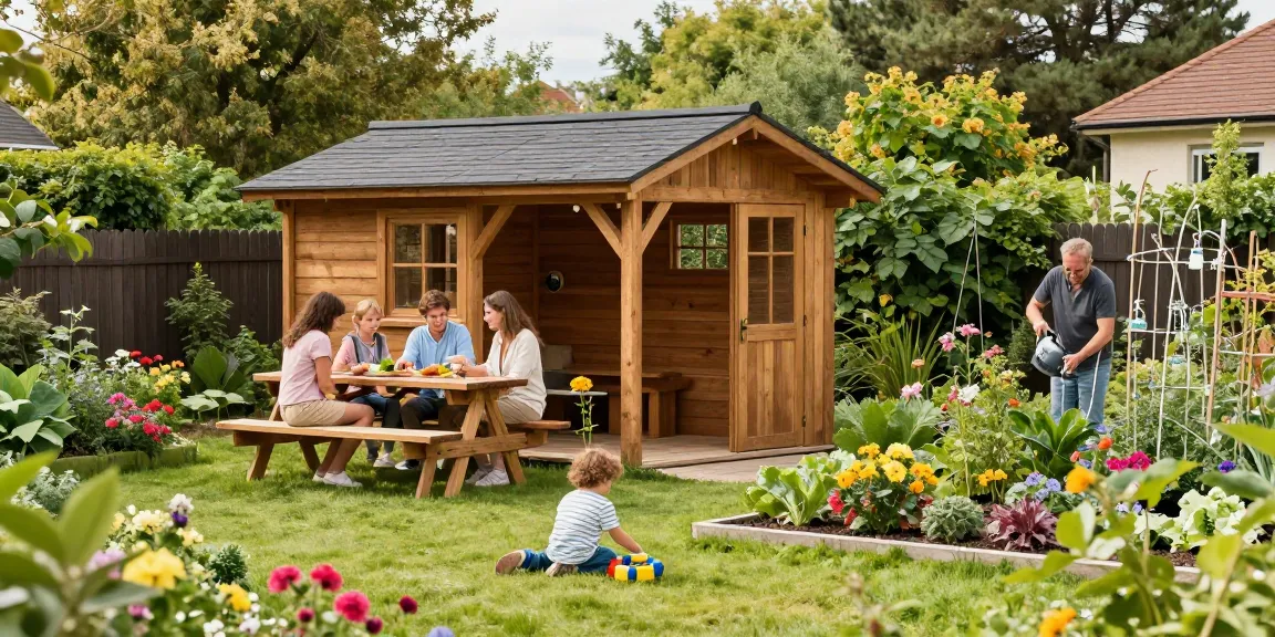 Wunderschönes Gartenhaus im Garten mit Familie beim Picknick