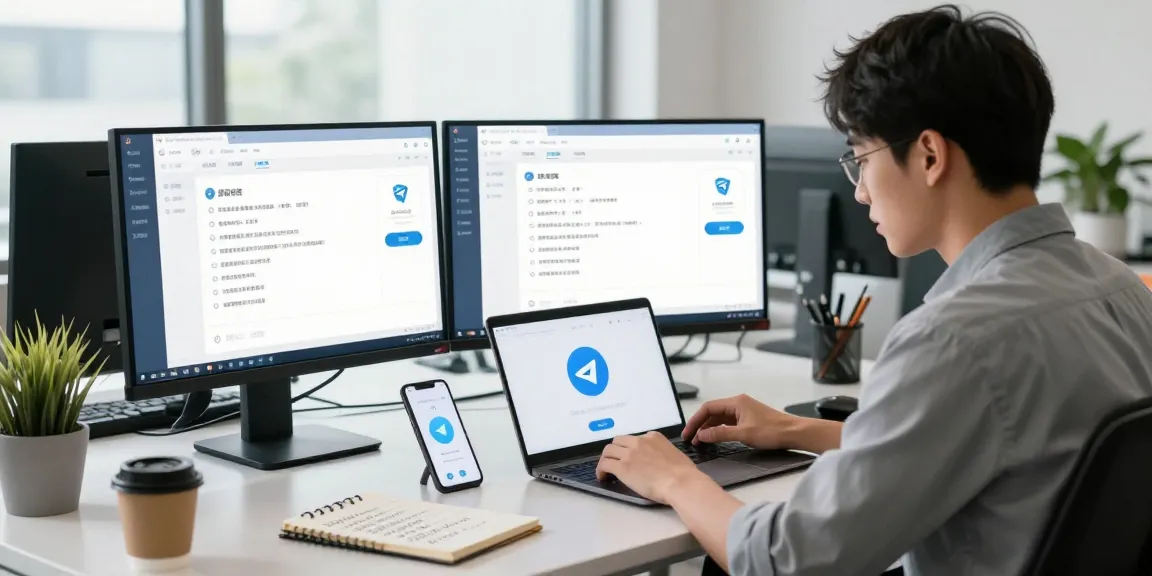 Setting up Telegram中文 on multiple devices in a modern office environment.