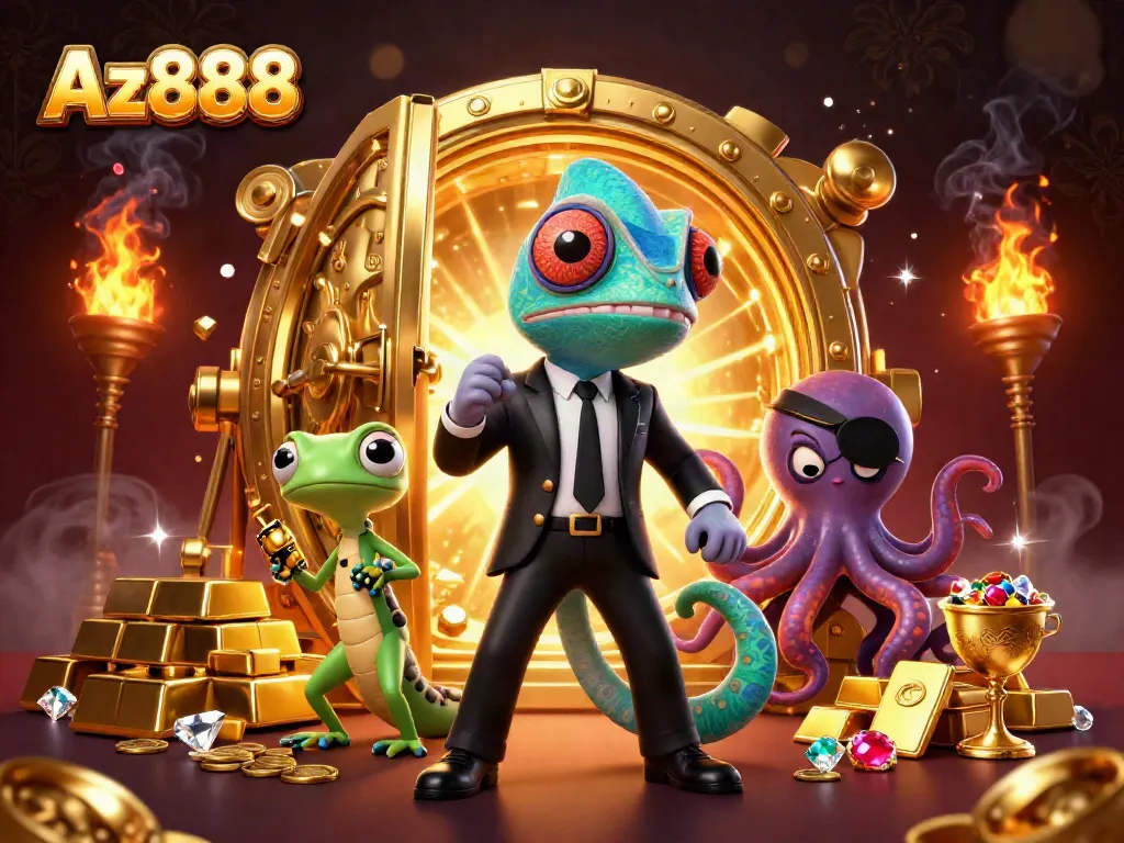 Experience thrilling adventures at Az888 with animated characters and treasures in a vibrant casino setting.