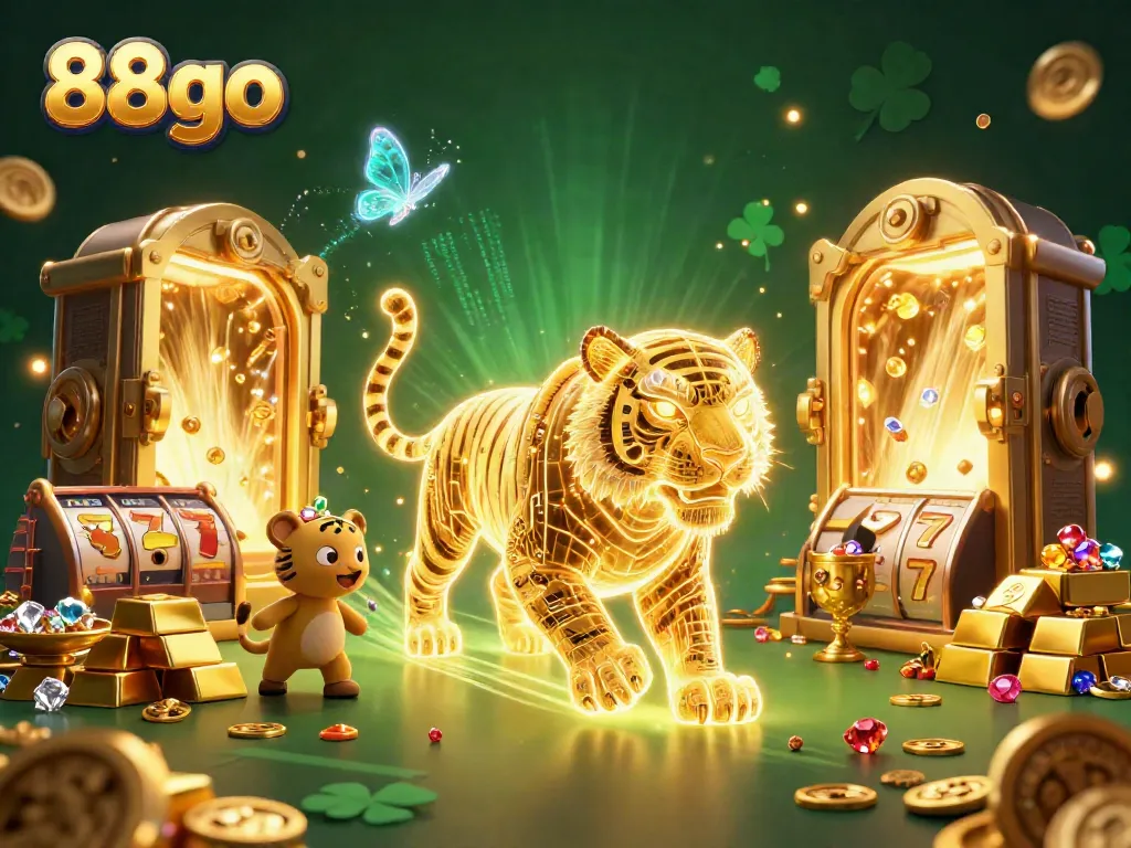 Experience the thrilling world of 88go with a vibrant tiger and dazzling casino elements in a 3D digital landscape.