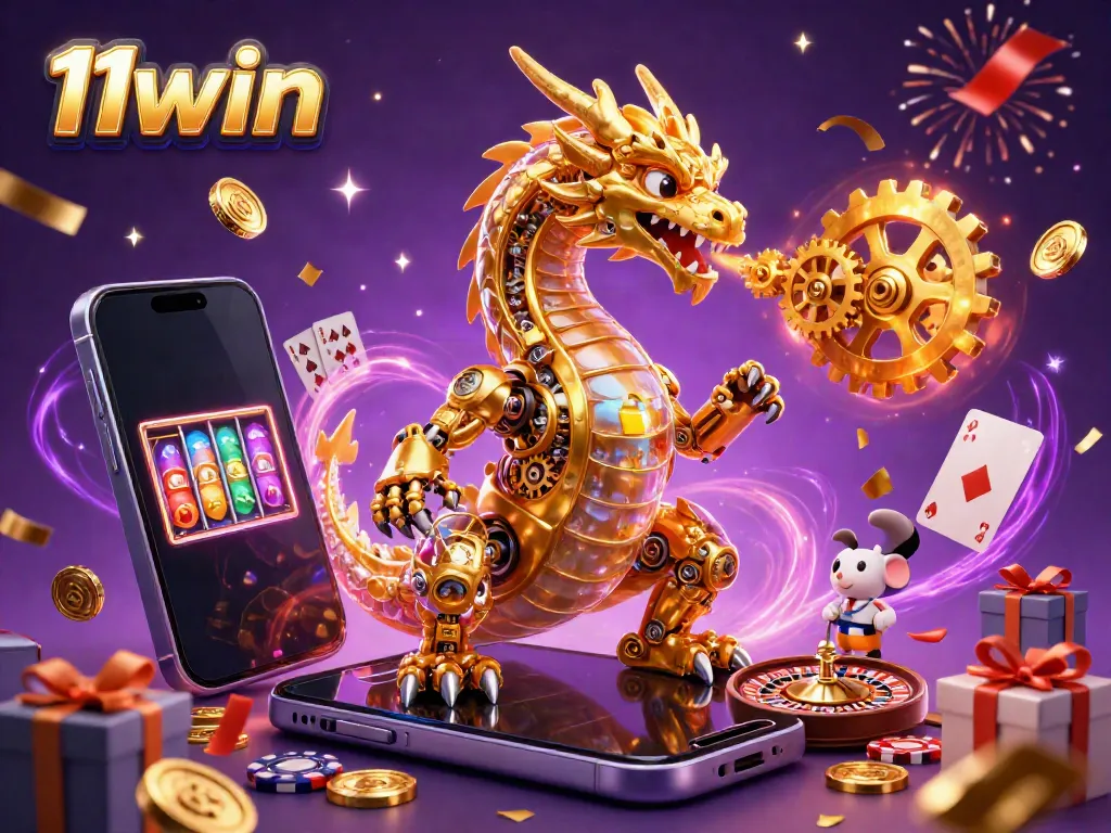 Engage in thrilling gaming at 11win with a golden dragon and vibrant casino elements.