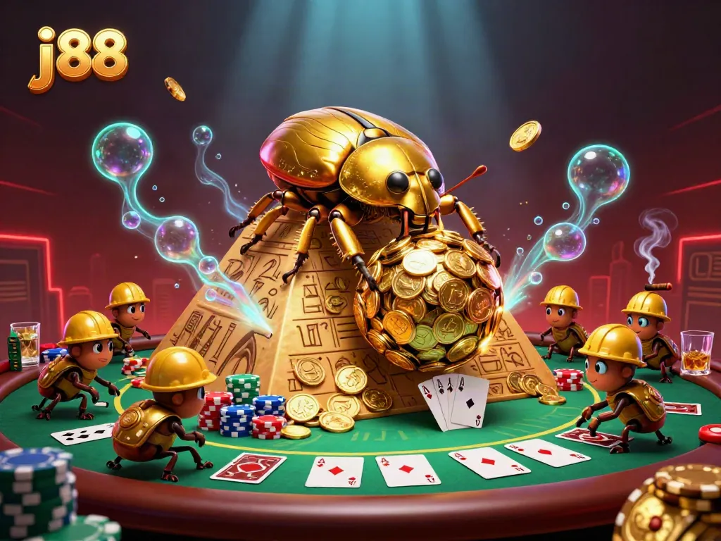Bet on j 88 while watching a golden beetle roll coins in vibrant casino scene.