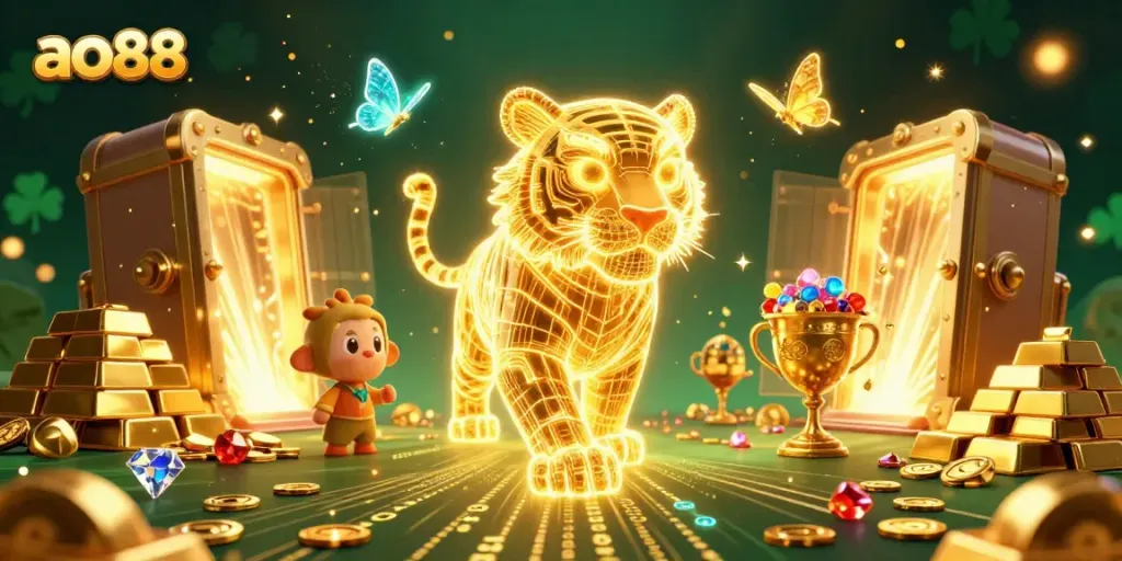 Engage in the thrill of ao88 with a neon golden tiger amidst a rich digital casino
