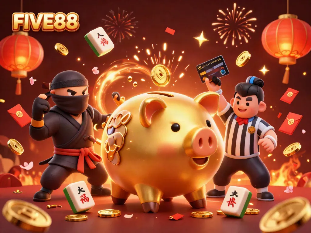 Experience big wins and celebration with the golden piggy bank sumo wrestler at FIVE88 casino!