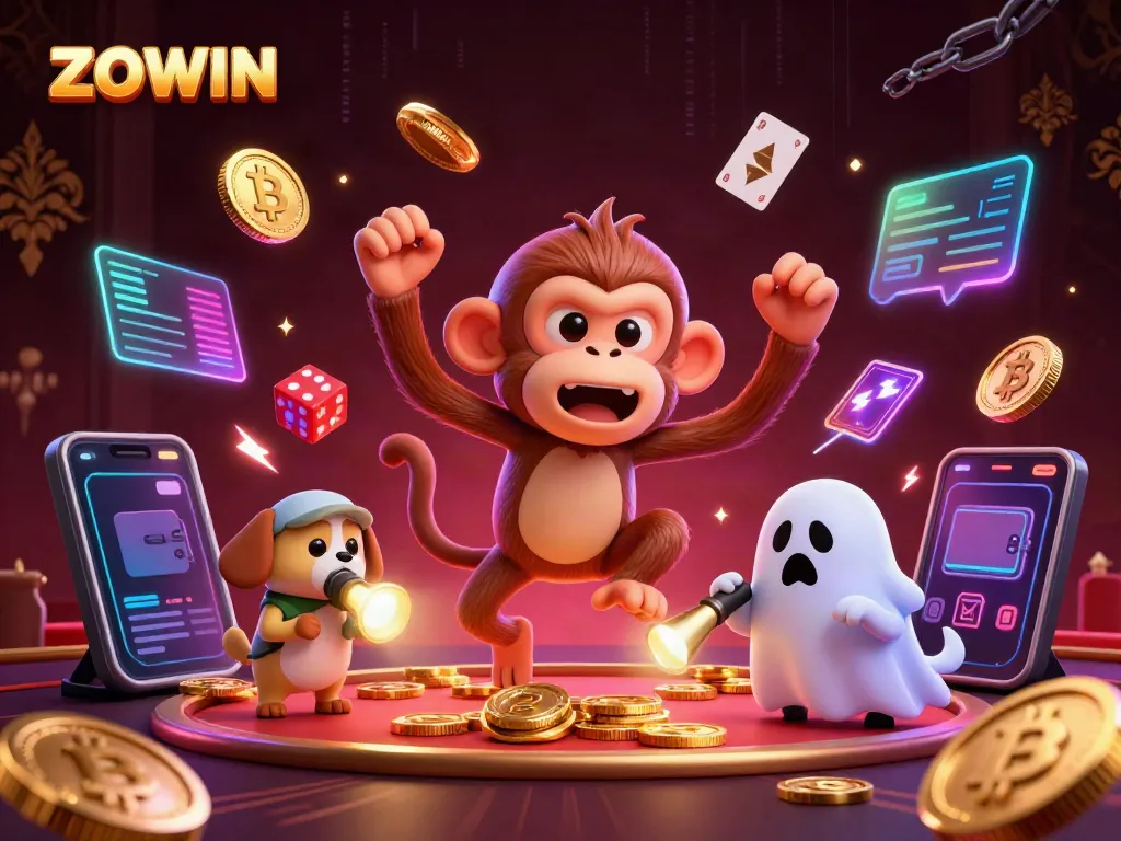 Experience the enchanting ZOWIN casino with a magical scene of golden objects and playful characters.
