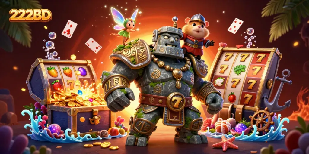 Experience 222BD adventure with golem guardian, lucky symbols, and treasures in action.
