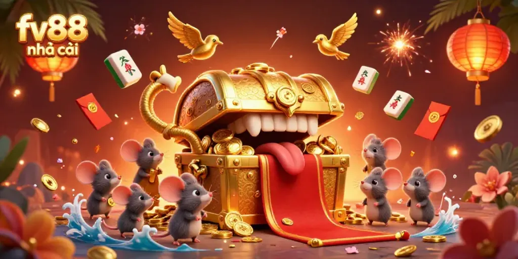 Play and win at fv88 nhà cái with an illustration of a golden treasure chest enticed adventurer mice.