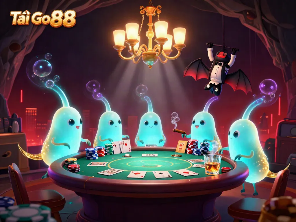 Engage with Tải Go 88 in this vibrant 3D illustration of a glowworm-lit cave casino featuring poker elements.