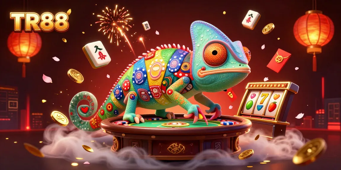 Engage in exciting slot games at TR88 with a vibrant chameleon casino owner and festive decorations.