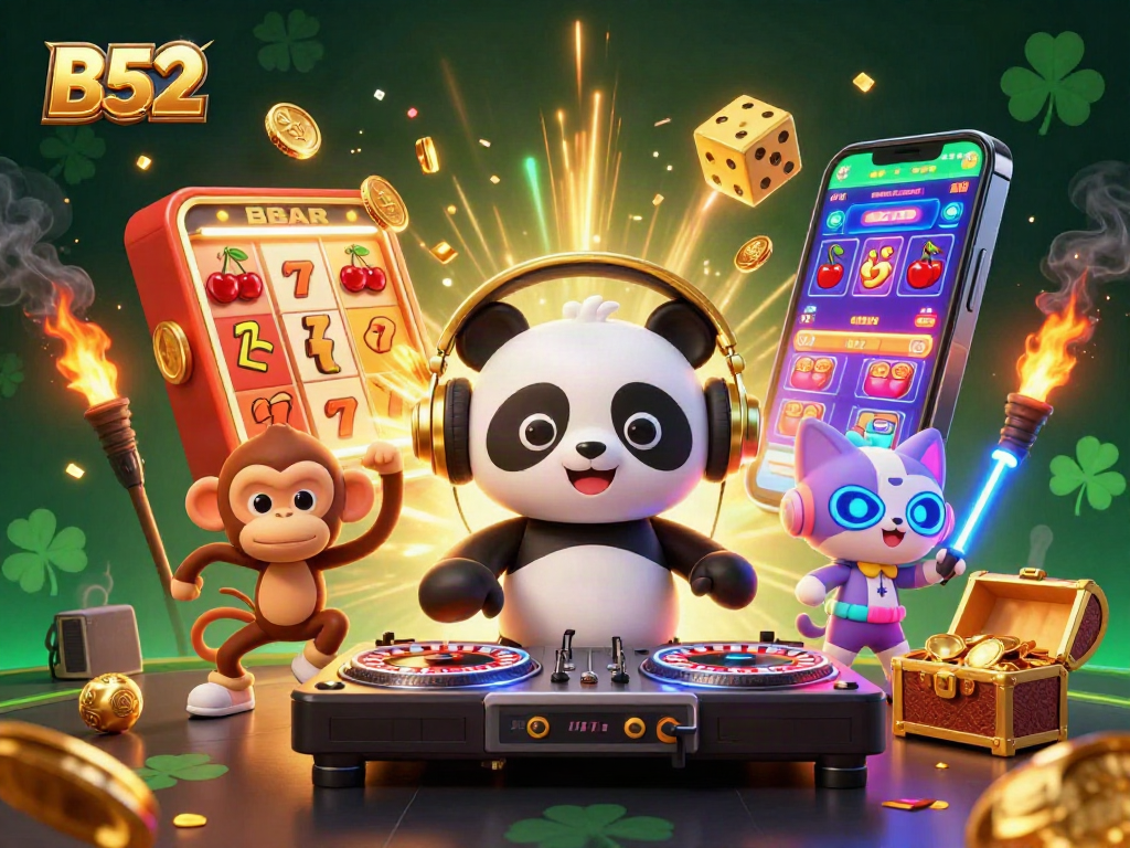 B52 casino illustration showcasing lively gaming elements with a DJ panda, dancing monkey, and rave kitten.