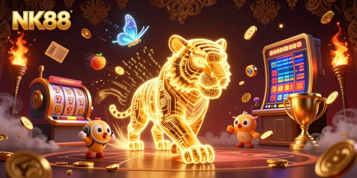 Experience the thrilling action at NK88 with vibrant slots and a golden tiger in an enchanting digital casino.