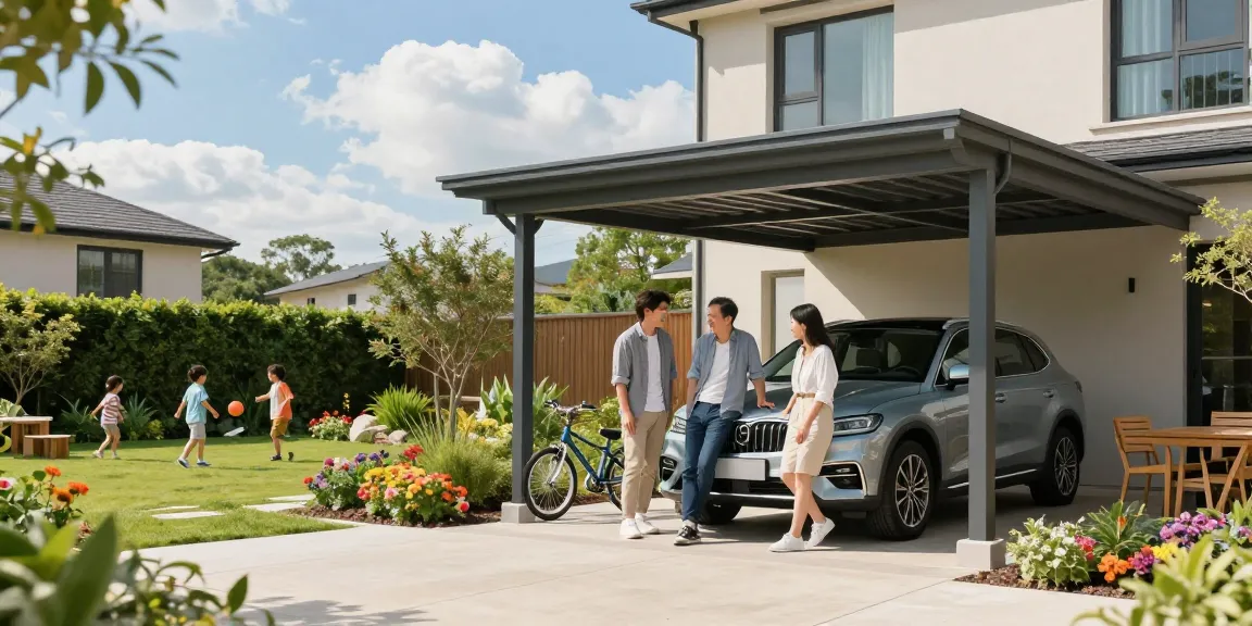 Moderner Carport schützt das Auto der Familie und bietet Platz für Gartenmöbel.