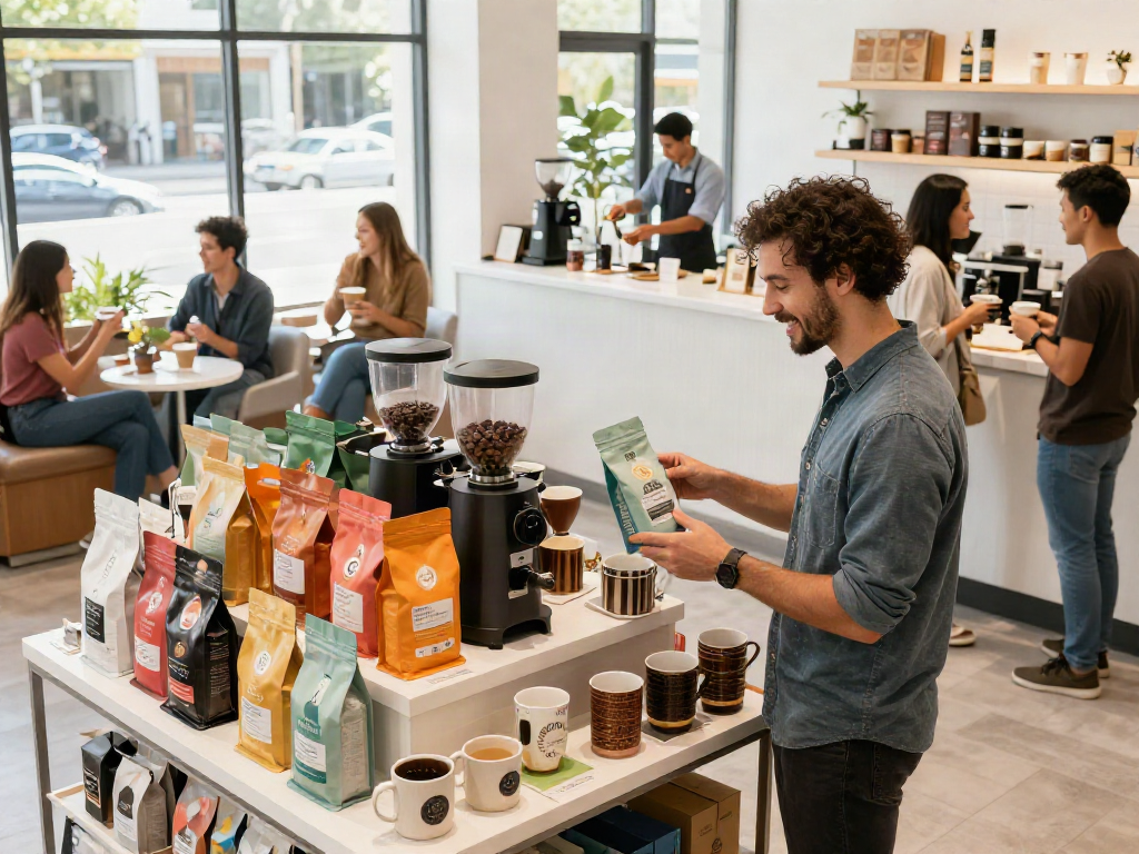Customer exploring rokok88 link coffee products in a vibrant retail setting