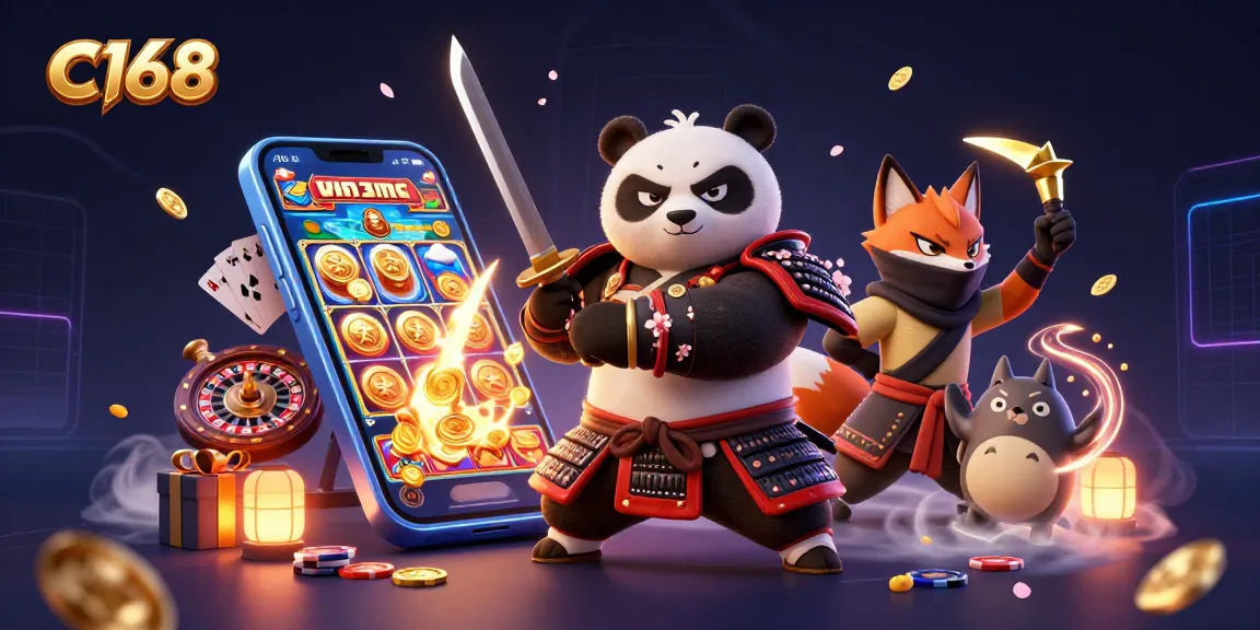 C168 brings vibrant gaming action with a fierce samurai panda and ninja fox in an enchanting casino scene