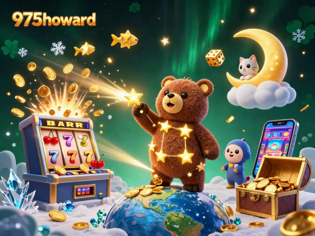 Engage in thrilling slots action with 975howard's vibrant casino illustration packed with winning symbols and sparkling elements.