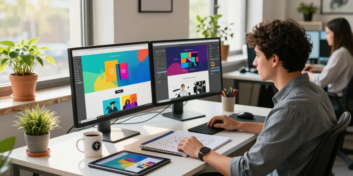 Webdesigner in modernem Arbeitsplatz, der lebendige Webdesigns mit dualen Monitoren und bunten Werkzeugen erstellt.
