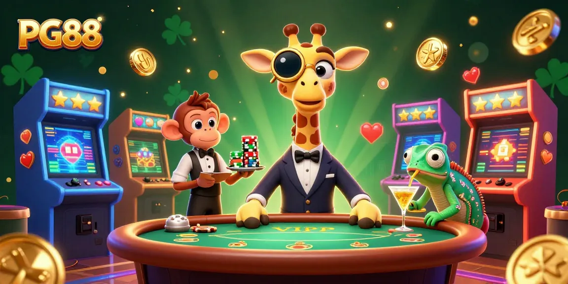 Engage with PG88 in a vibrant, ultra-detailed casino scene featuring high-stakes gaming and lively characters.