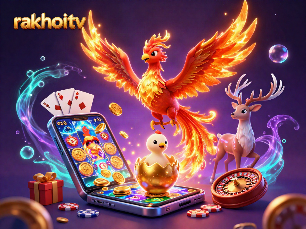Experience thrilling gameplay with rakhoitv, featuring a vibrant scene of a phoenix and dynamic gaming elements.