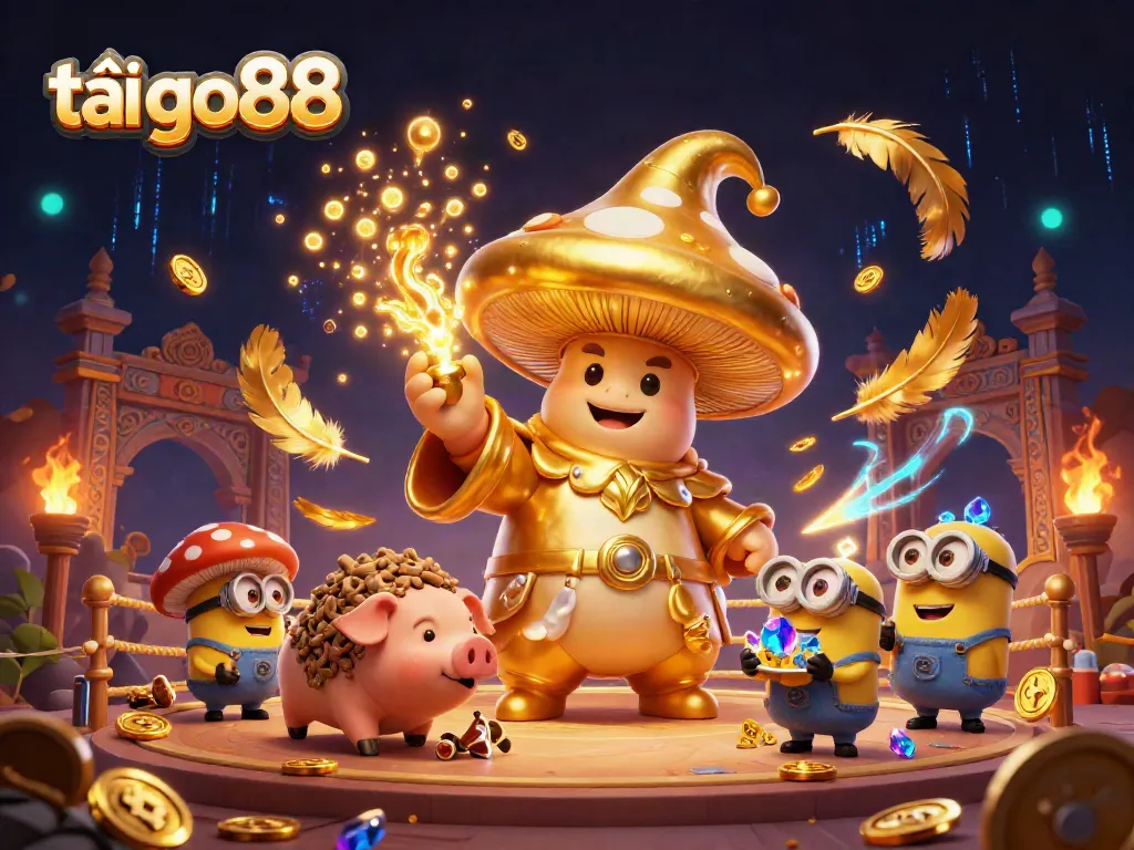 Experience the magic of tải go88 with a vibrant 3D illustration of a golden wizard and treasure-hunting pig amidst casino-themed elements.