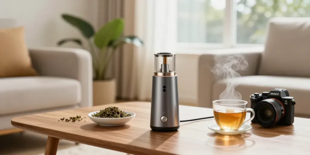 Vaporizer temperatur guide setup with stylish vaporizer and herbs in cozy living room.