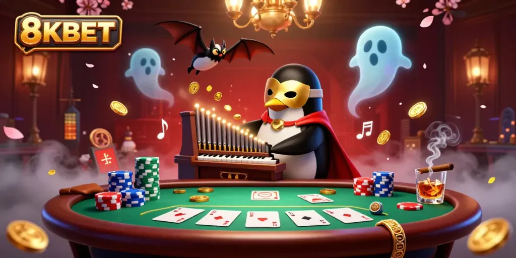 Experience the excitement of 8KBET's casino with a penguin maestro and rich gaming elements.